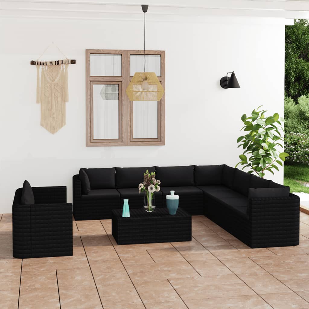 11 Piece Patio Lounge Set with Cushions Poly Rattan Black