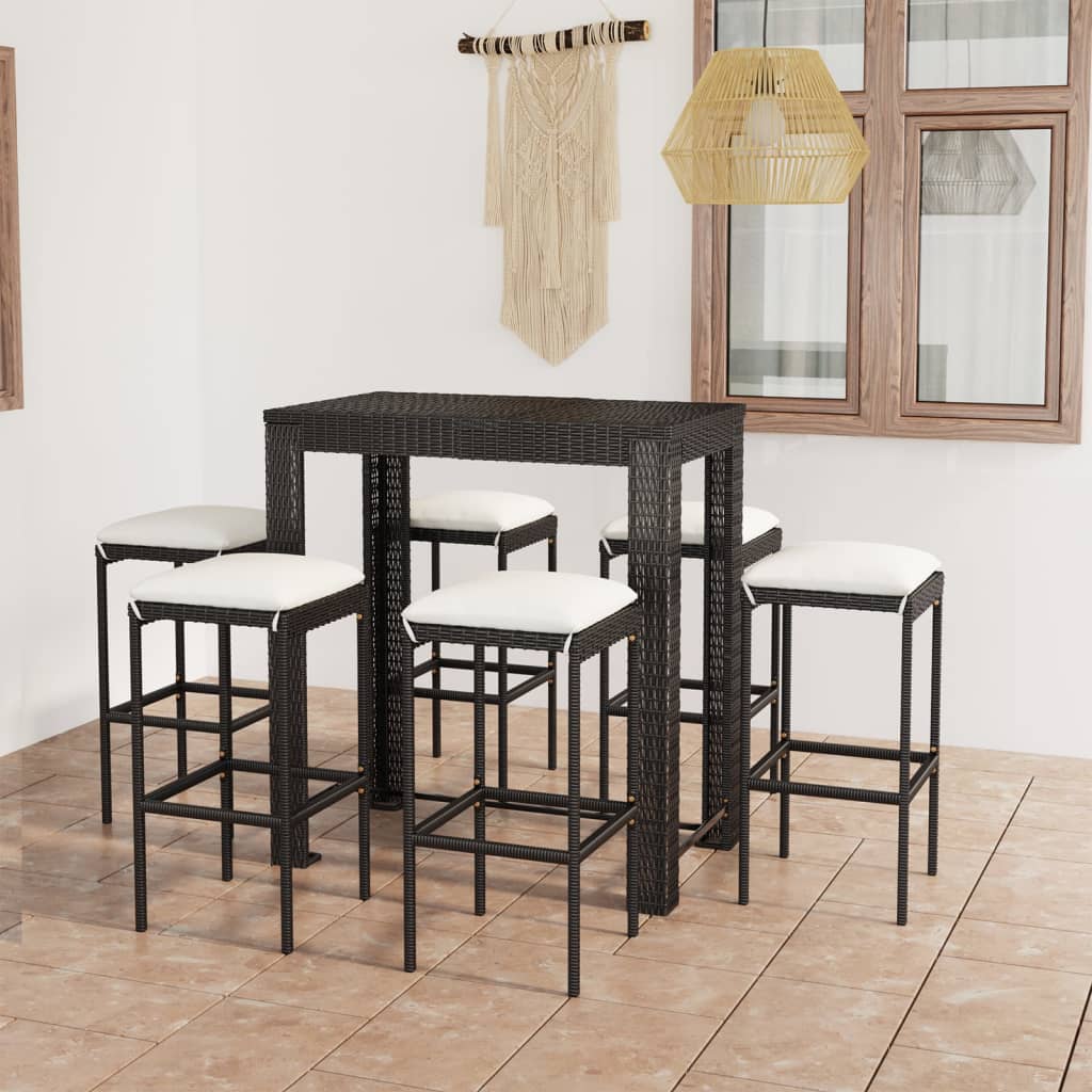 7 Piece Patio Bar Set with Cushions Poly Rattan Black