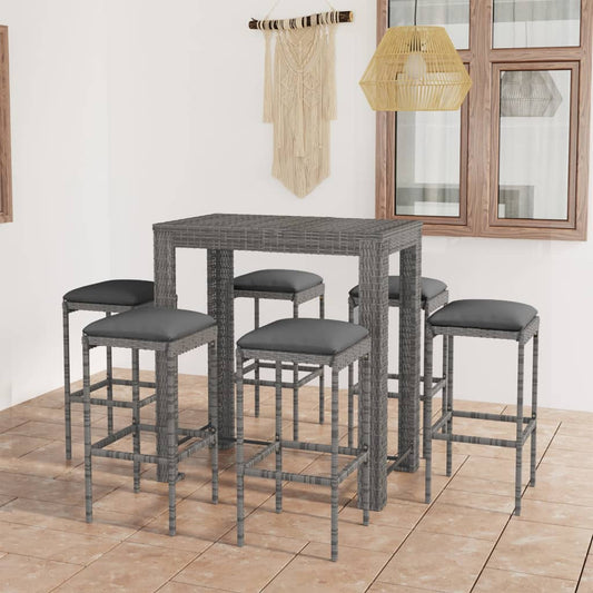7 Piece Patio Bar Set with Cushions Poly Rattan Gray