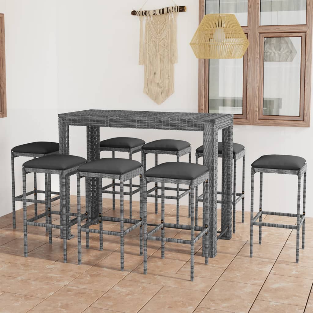 9 Piece Patio Bar Set with Cushions Poly Rattan Gray