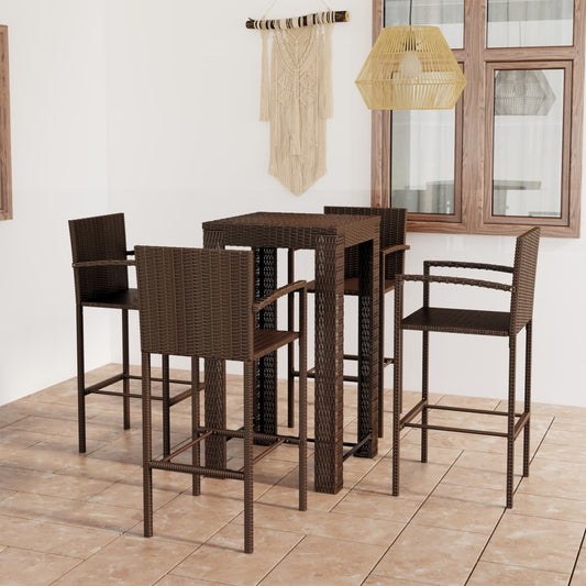5 Piece Patio Bar Set with Armrest Poly Rattan Brown