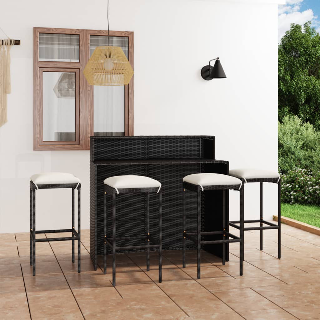 5 Piece Patio Bar Set with Cushions Black