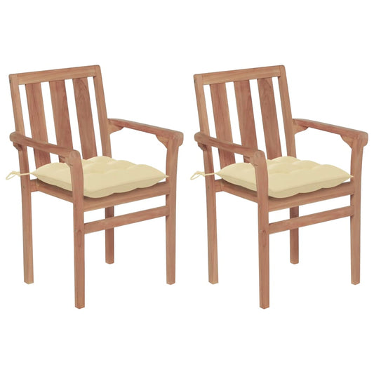 Patio Chairs 2 pcs with Cream White Cushions Solid Teak Wood