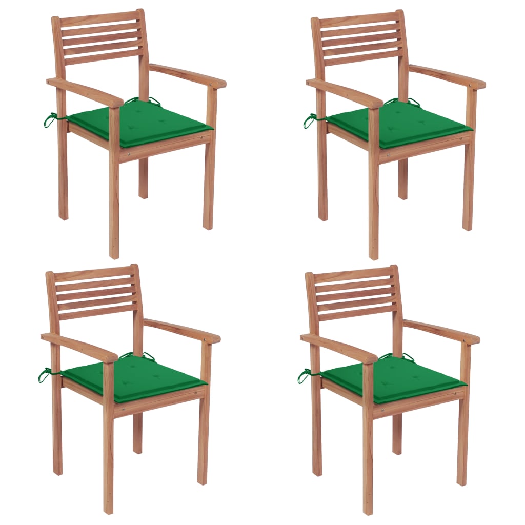 Patio Chairs 4 pcs with Green Cushions Solid Teak Wood