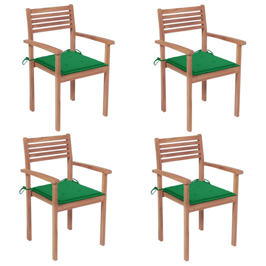 Patio Chairs 4 pcs with Green Cushions Solid Teak Wood