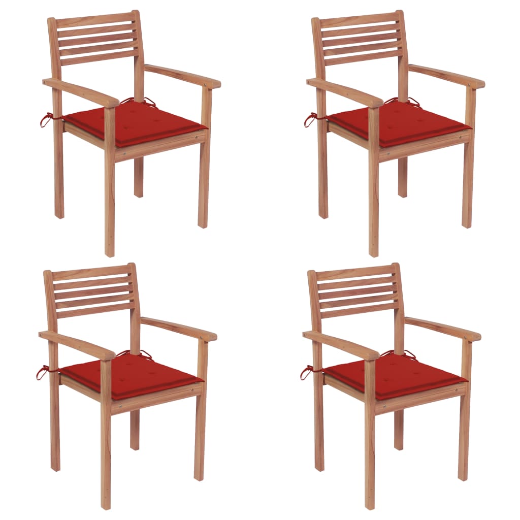 Patio Chairs 4 pcs with Red Cushions Solid Teak Wood