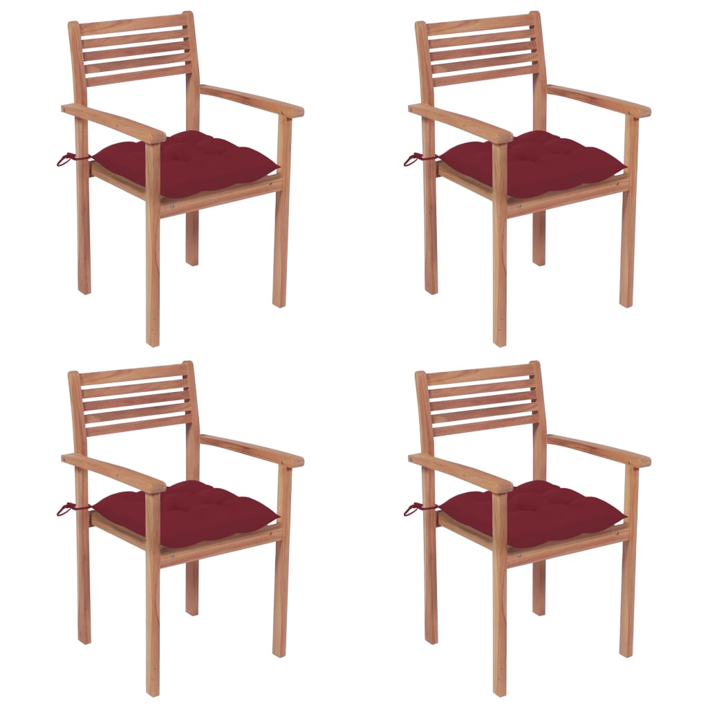 Patio Chairs 4 pcs with Wine Red Cushions Solid Teak Wood