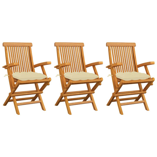 Patio Chairs with Cream White Cushions 3 pcs Solid Teak Wood