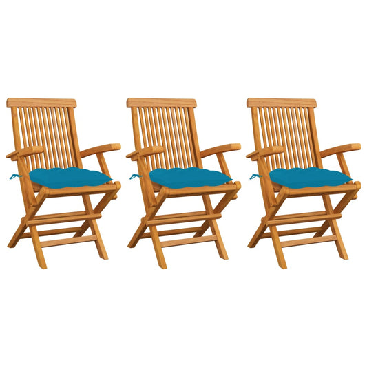 Patio Chairs with Light Blue Cushions 3 pcs Solid Teak Wood