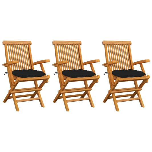 Patio Chairs with Black Cushions 3 pcs Solid Teak Wood
