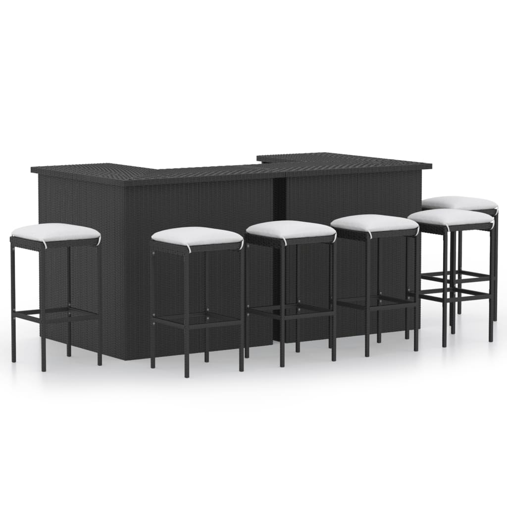8 Piece Patio Bar Set with Cushions Poly Rattan Black
