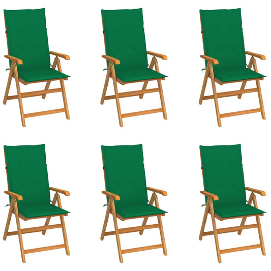 Patio Chairs 6 pcs with Green Cushions Solid Teak Wood