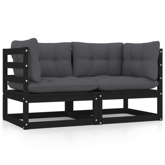 Patio 2-Seater Sofa with Cushions Black Solid Pinewood
