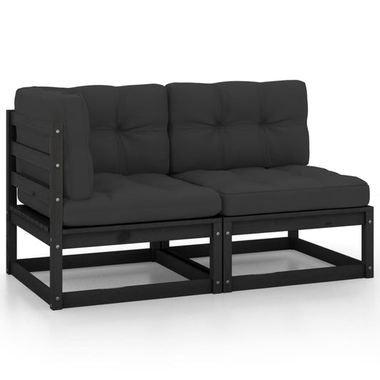 2 Piece Patio Lounge Set with Cushions Black Solid Pinewood