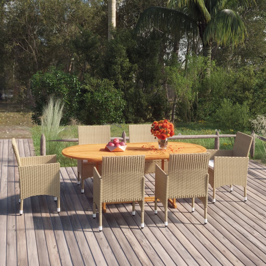 7 Piece Patio Dining Set Poly Rattan Beige