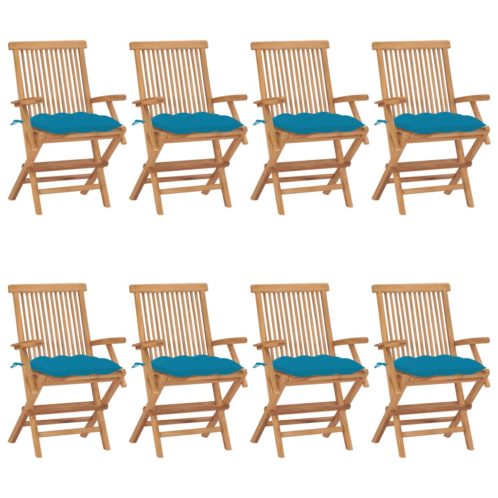 Patio Chairs with Light Blue Cushions 8 pcs Solid Teak Wood