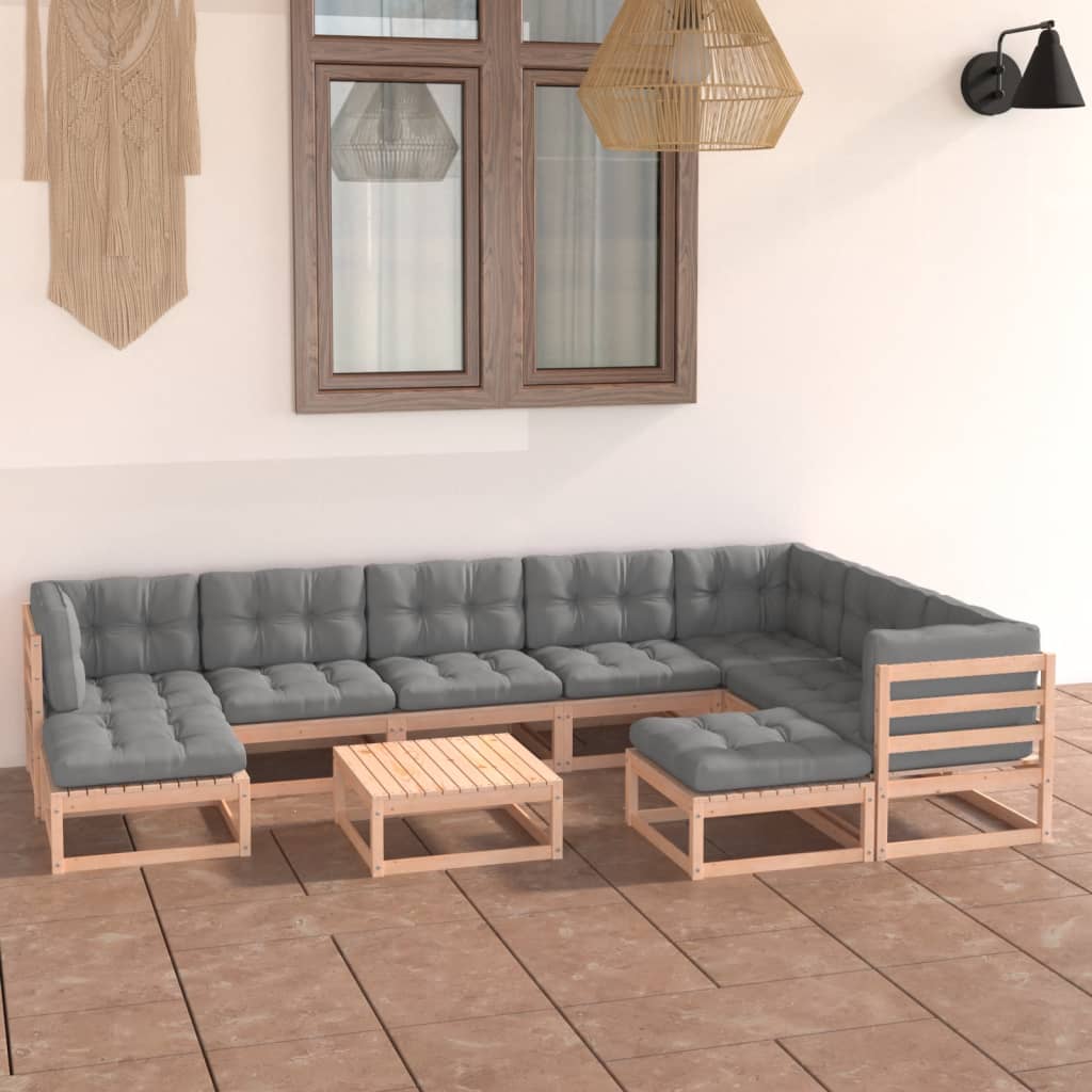 10 Piece Patio Lounge Set with Cushions Solid Wood Pine