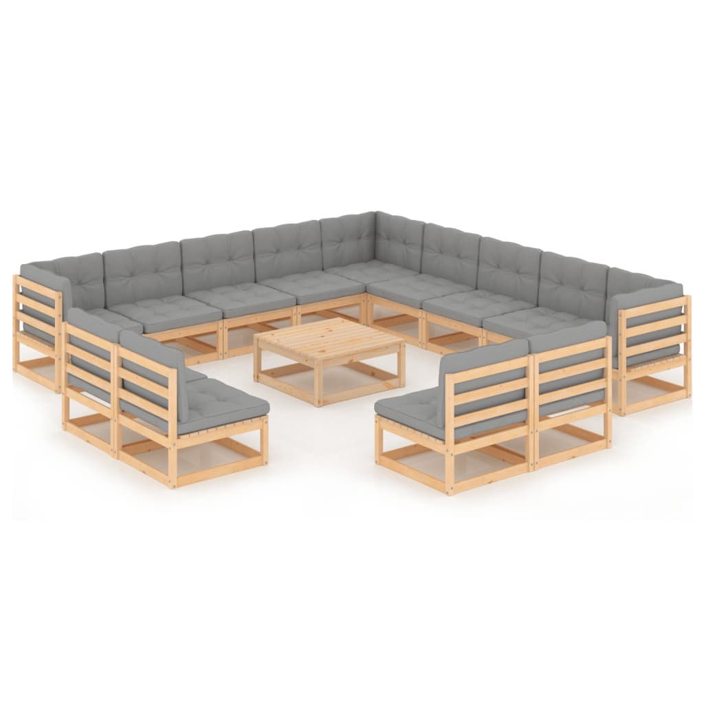 14 Piece Patio Lounge Set with Cushions Solid Wood Pine