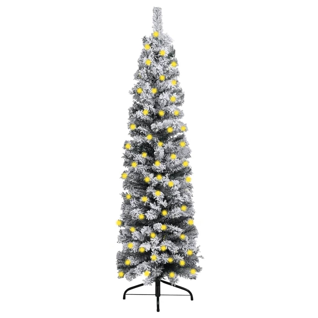 Slim Christmas Tree with LEDs&Flocked Snow Green 59.1" PVC
