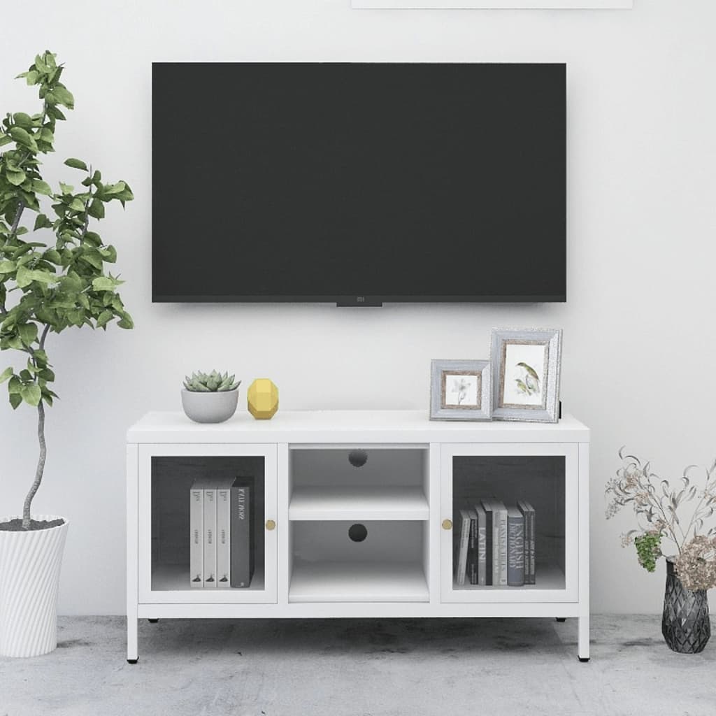 TV Cabinet White 41.3"x13.8"x20.5" Steel and Glass