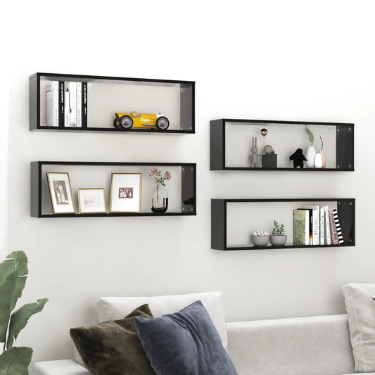 Wall Cube Shelves 4 pcs Black 31.5"x5.9"x10.4" Engineered Wood
