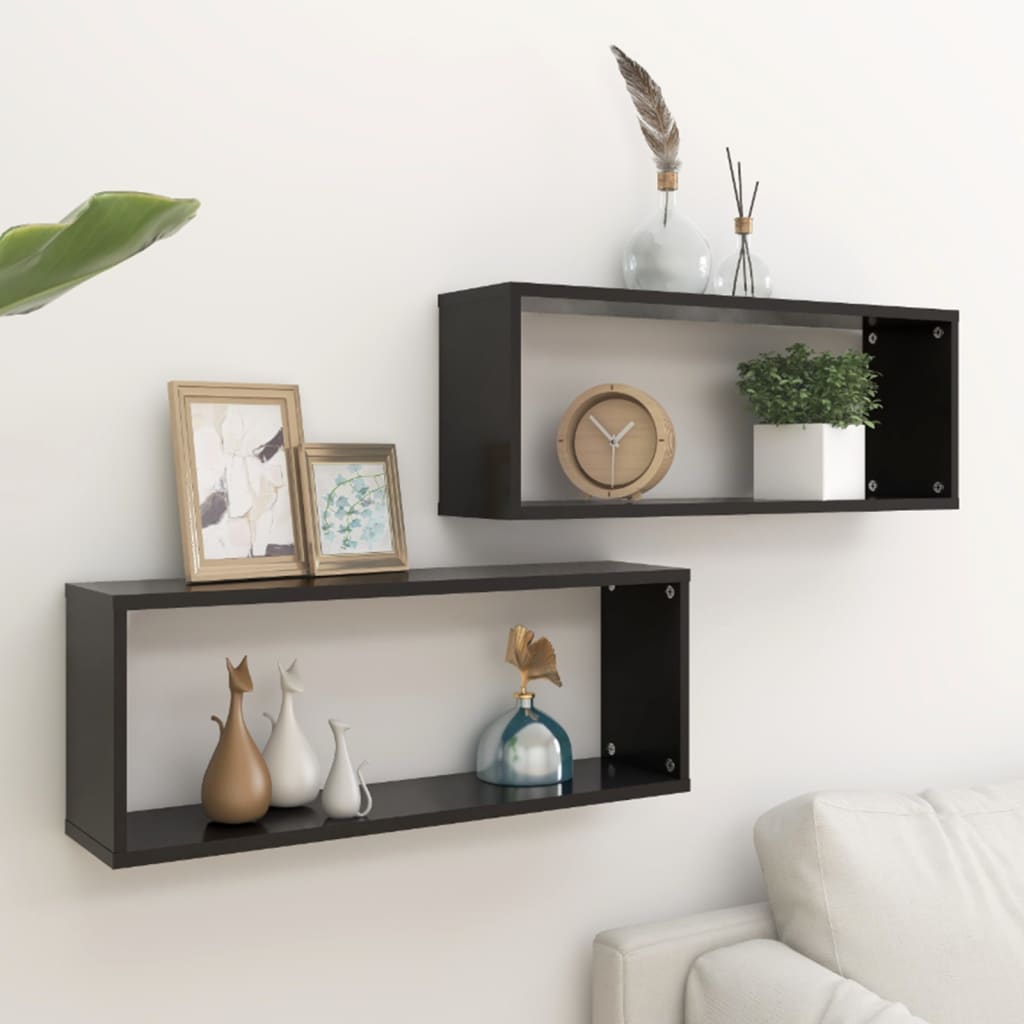 Wall Cube Shelves 2 pcs Black 23.6"x5.9"x9.1" Engineered Wood