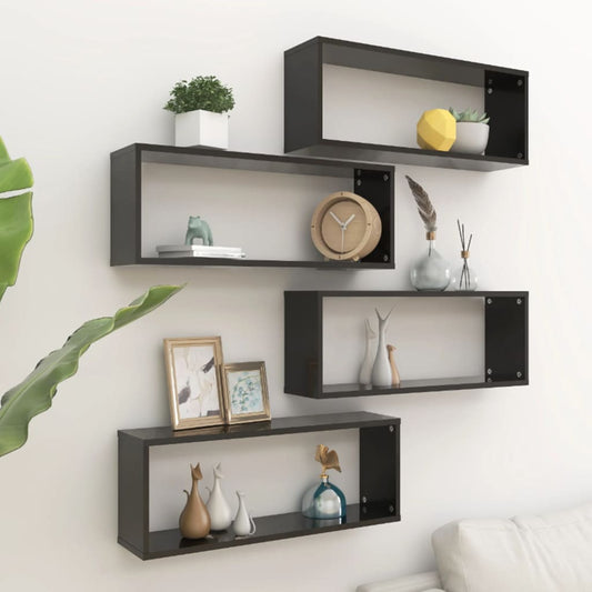 Wall Cube Shelves 4 pcs Black 23.6"x5.9"x9.1" Engineered Wood