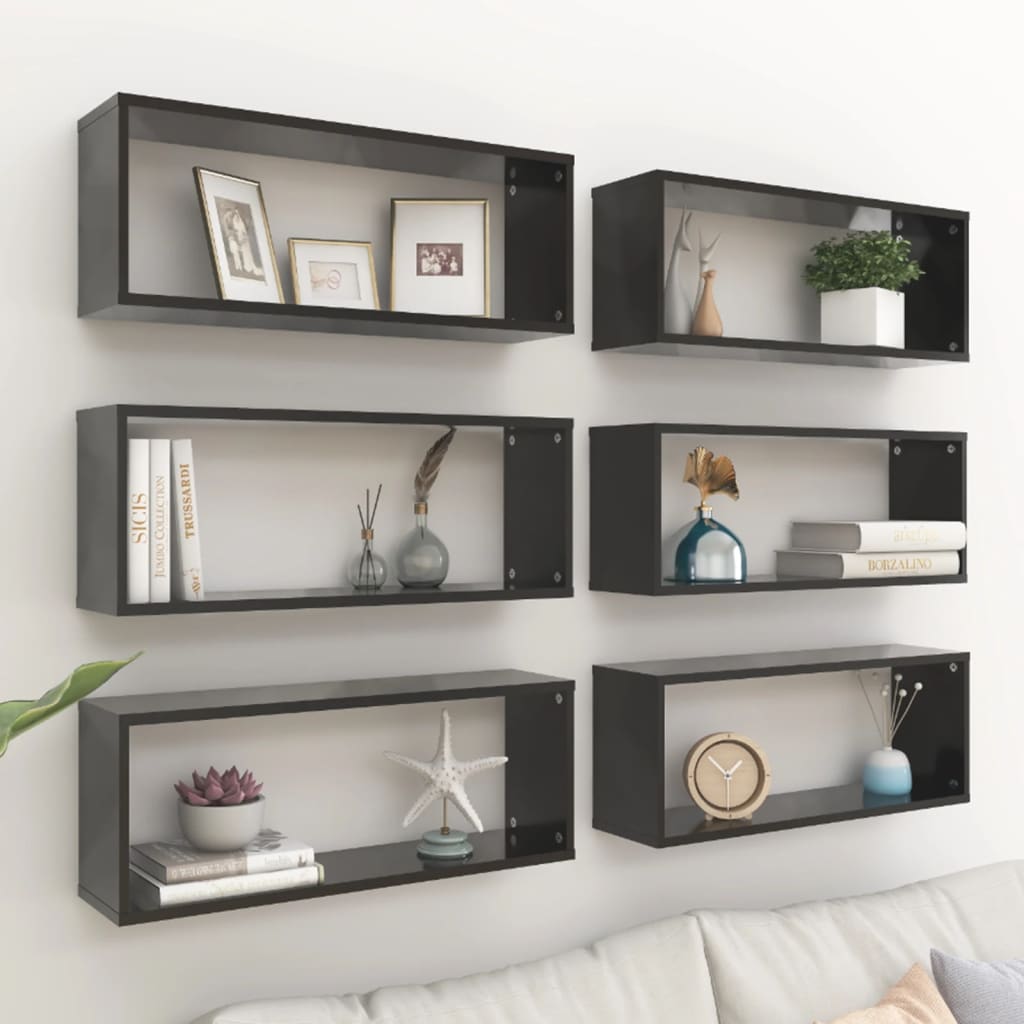 Wall Cube Shelves 6 pcs Black 23.6"x5.9"x9.1" Engineered Wood