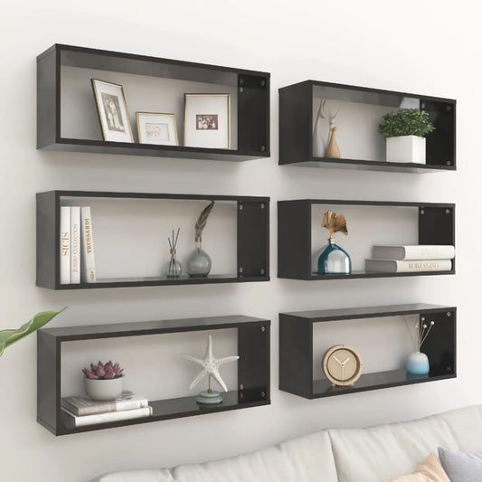 Wall Cube Shelves 6 pcs Black 23.6"x5.9"x9.1" Engineered Wood