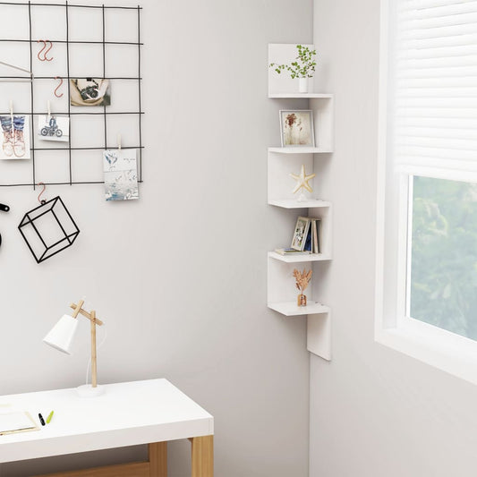 Wall Corner Shelf High Gloss White 7.9"x7.9"x50.2" Engineered Wood