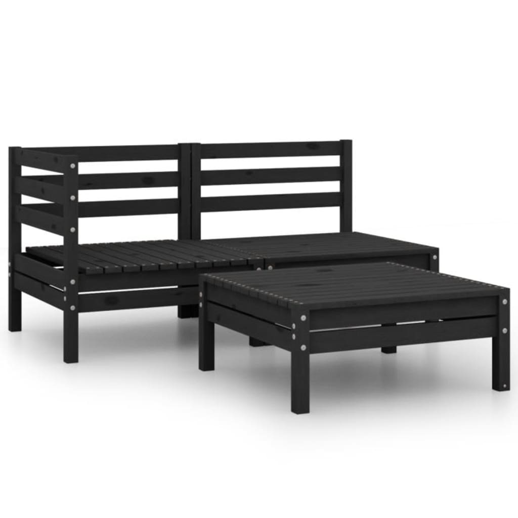 3 Piece Patio Lounge Set Solid Wood Pine Black