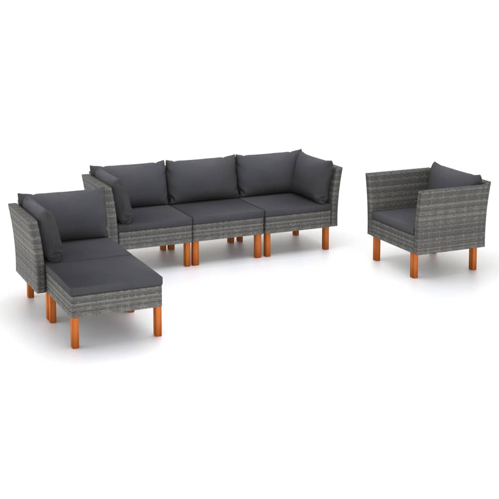 6 Piece Patio Lounge Set Poly Rattan and Eucalyptus Wood Gray