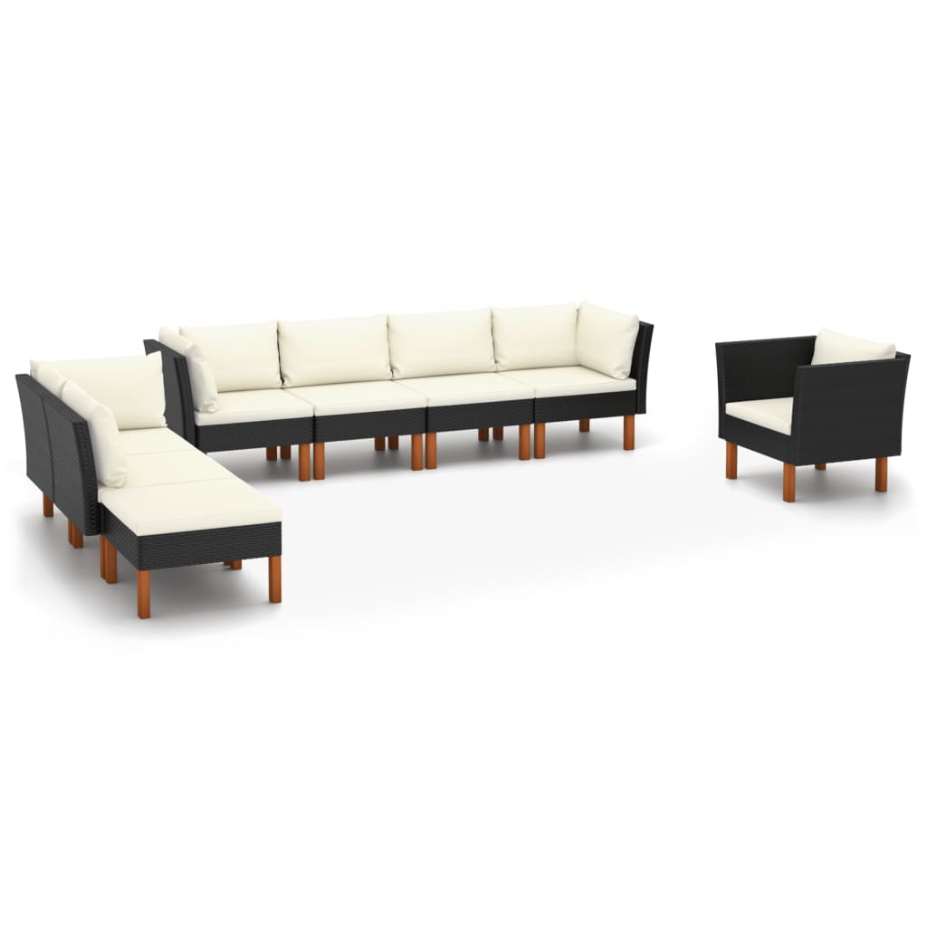 8 Piece Patio Lounge Set Poly Rattan and Eucalyptus Wood Black