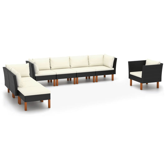 8 Piece Patio Lounge Set Poly Rattan and Eucalyptus Wood Black