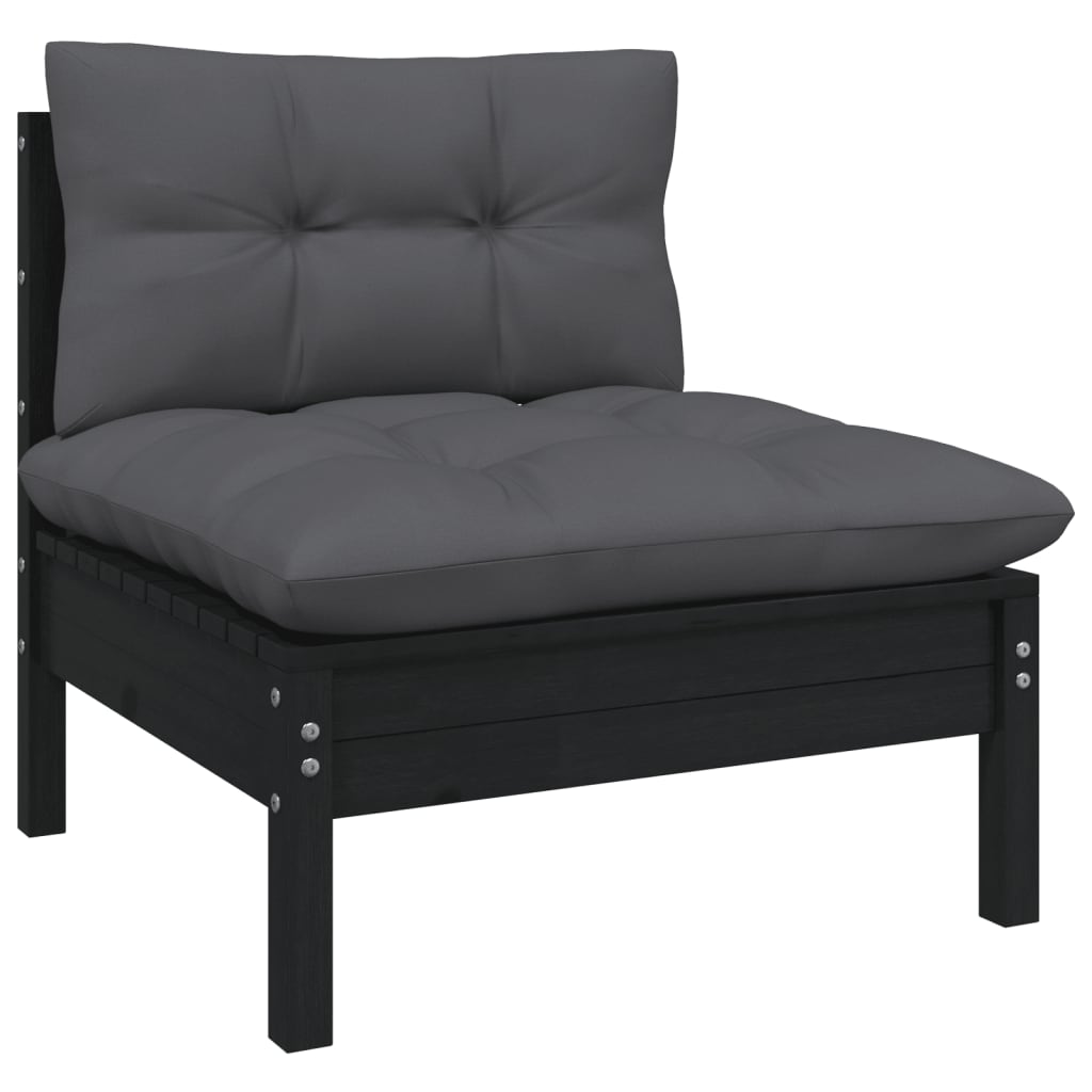 Patio Middle Sofa with Cushions Black Solid Pinewood