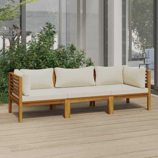 3-Seater Patio Sofa with Cream Cushion Solid Acacia Wood