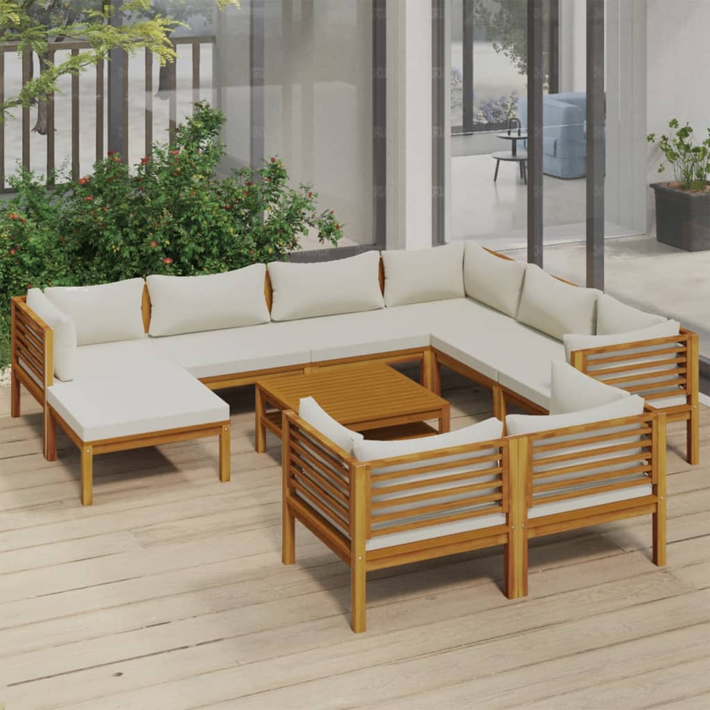 10 Piece Patio Lounge Set with Cream Cushion Solid Acacia Wood