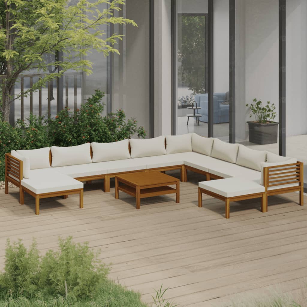 11 Piece Patio Lounge Set with Cream Cushion Solid Acacia Wood