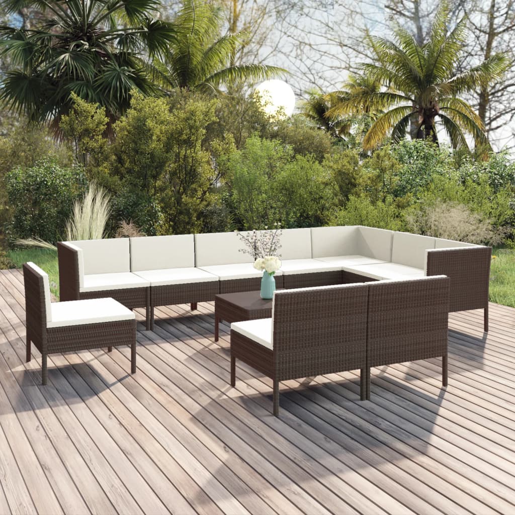 11 Piece Patio Lounge Set with Cushions Poly Rattan Brown