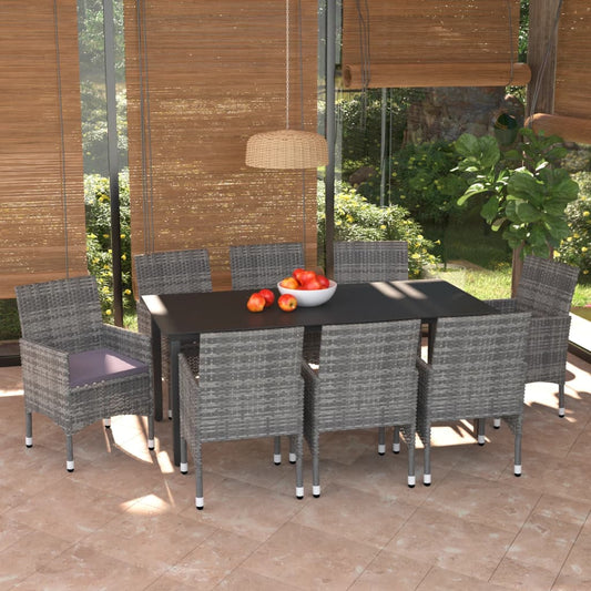 9 Piece Patio Dining Set with Cushions Poly Rattan Gray