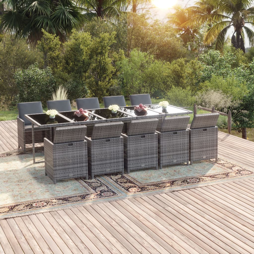 11 Piece Patio Dining Set with Cushions Poly Rattan Gray