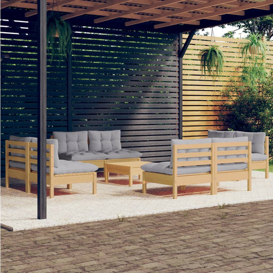 9 Piece Patio Lounge Set with Gray Cushions Pinewood