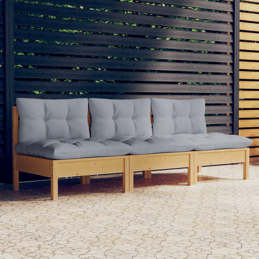 3-Seater Patio Sofa with Gray Cushions Solid Pinewood
