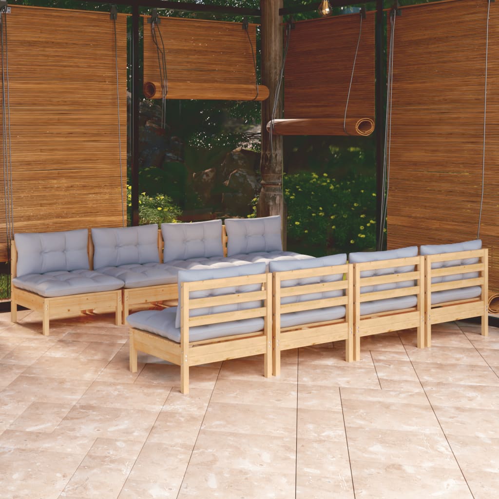 9 Piece Patio Lounge Set with Gray Cushions Solid Pinewood