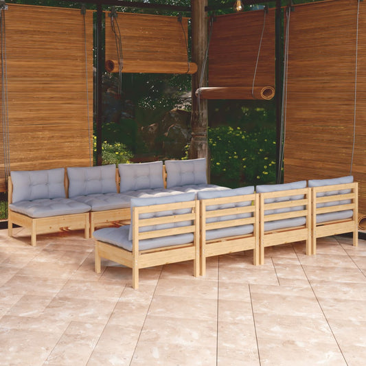 9 Piece Patio Lounge Set with Gray Cushions Solid Pinewood