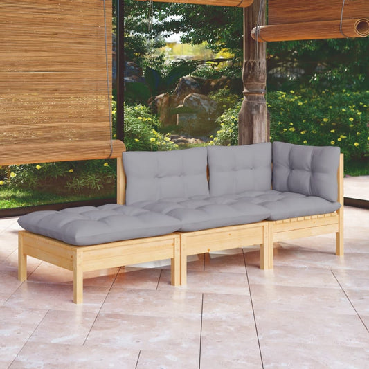 3 Piece Patio Lounge Set with Gray Cushions Solid Pinewood