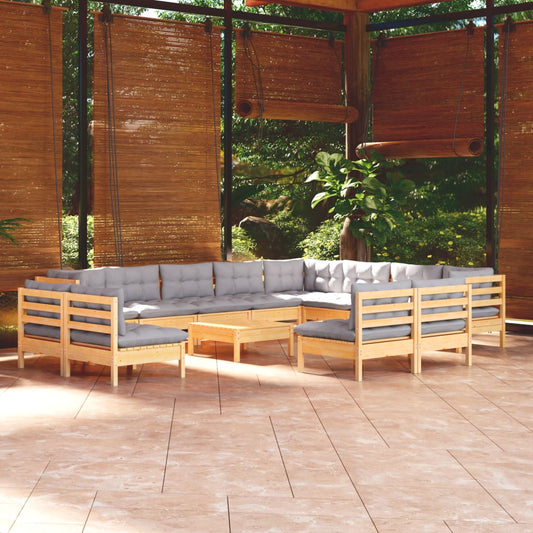 13 Piece Patio Lounge Set with Gray Cushions Solid Pinewood