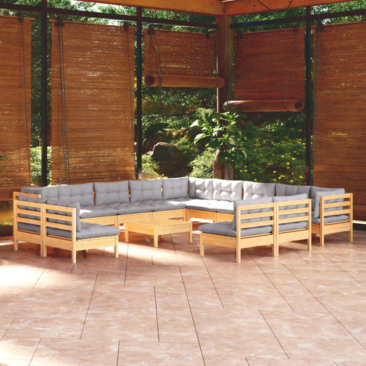 14 Piece Patio Lounge Set with Gray Cushions Solid Pinewood