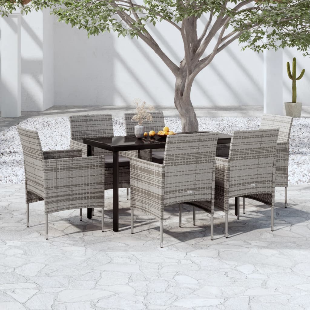 7 Piece Patio Dining Set with Cushions Gray and Black