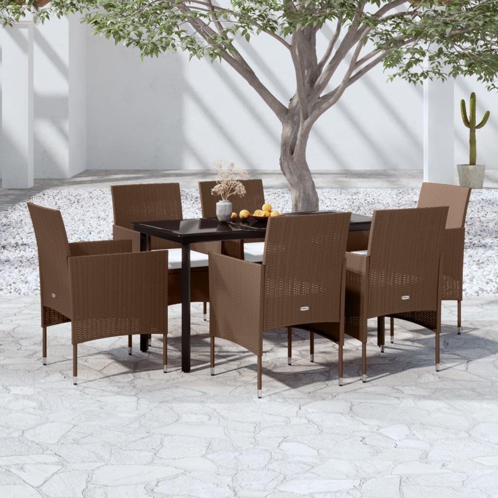 7 Piece Patio Dining Set with Cushions Brown and Black
